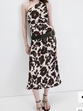 Mango One-Shoulder Cream Dress with Brown Floral Print ASYMMETRICAL 7150